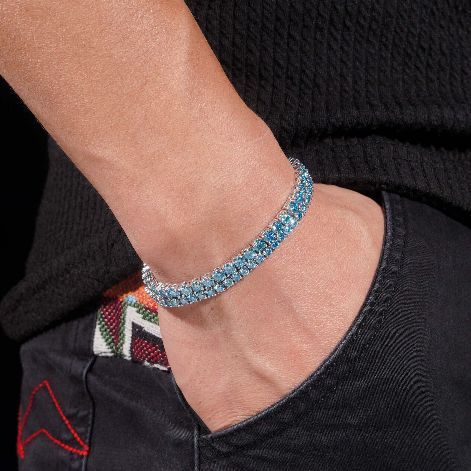 Blue VVS MOISSANITE Tennis Chain Necklace - 925 Sterling Silver - Men Women