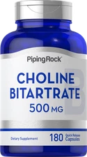 Choline Bitartrate 500mg | 180 Capsules | Non-GMO Supplement | by Piping Rock