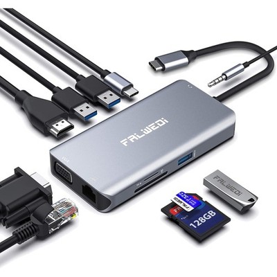 USB C Hub 10-in-1 Adapter with Ethernet HDMI VGA SD Card Reader