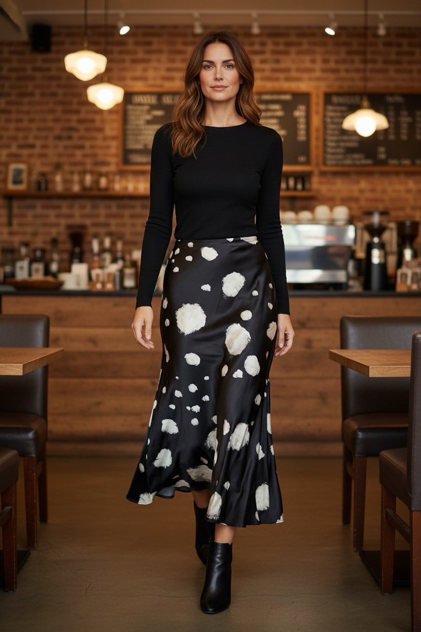 Topshop Women's Satin Polka Dot Flare Midi Skirt Zip Black White US 4