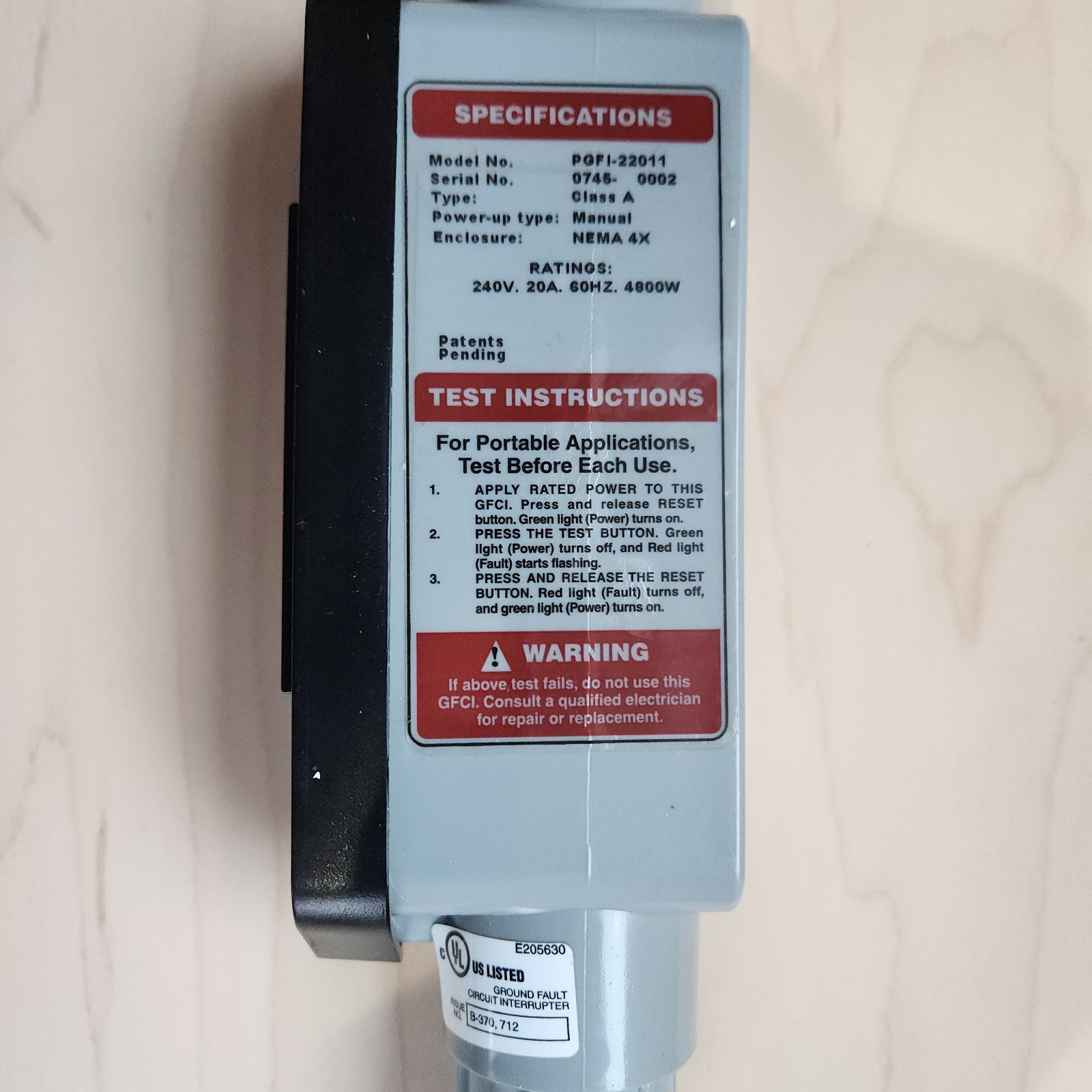 North Shore Safety Line Guard 240V 20A GFCI AIRPAX / SENSATA PGFI-22011