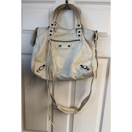 Balenciaga Classic Le City Bag White Lambskin Leather Motorcycle Tote Crossbody