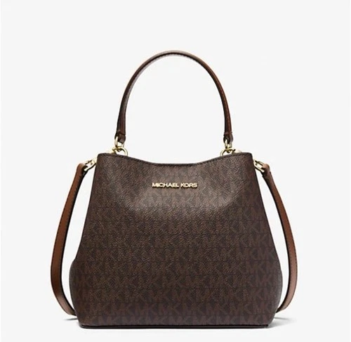 Michael Kors Pratt Brown Medium Signature Logo Metallic Shoulder Bucket Bag