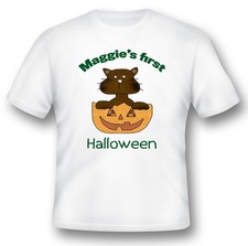 Halloween Cat Personalized  black or white tee. ghost ghouls goblins