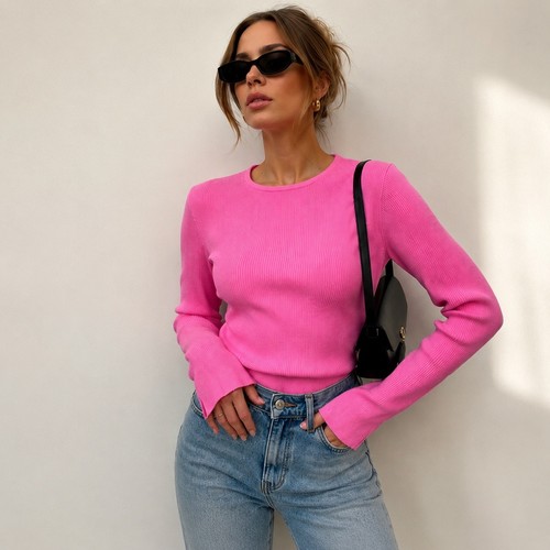 & Other Stories Atelier Pink Ribbed Knit Crewneck Chic Minimalist Clean Girl SzM