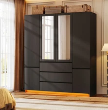 71'' Wooden Armoire Wardrobe Closet, Large Capacity Storage with Mirrors