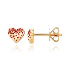 14K Yellow Gold Heart Stud Earrings with Dripping Scattered Ruby Stones