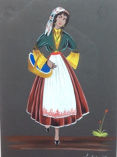 FABELHAFTES AQUARELL EINER KRETISCHEN DAME IN NATIONALTRACHT VON 1957. M3443