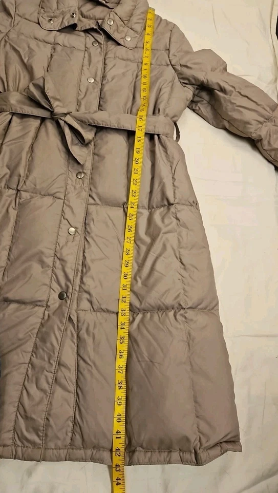 Vtg 90s Puffer Down Jacket Long Womens Sz 12 Belted Lightweight Taupe - Image 4 of 4