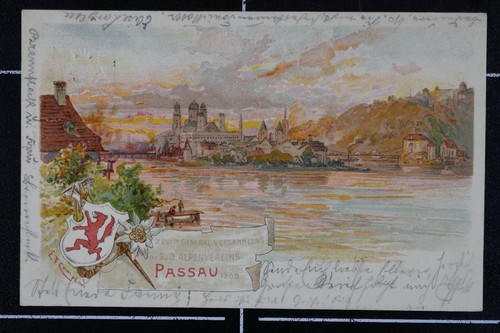 Litho Passau 1899 gelaufen versammlung Alpenverein Prägedruck Wappen Donau