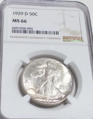 1929-D WALKING LIBERTY HALF DOLLAR NGC MS66 RARE US COIN.