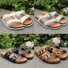 LADIES COMFORT SUMMER BEACH BUCKLE SLIP ON FLAT WIDE MULES SLIDERS SANDALS SIZE