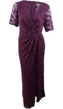 NWT Adrianna Papell Floor Length Lace Dress w/ Draped Skirt, Eggplant, sz 14