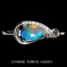 925 Sterling Silver Ring Pear Fire Opal 8x5mm White Topaz Gemstone Jewelry 9
