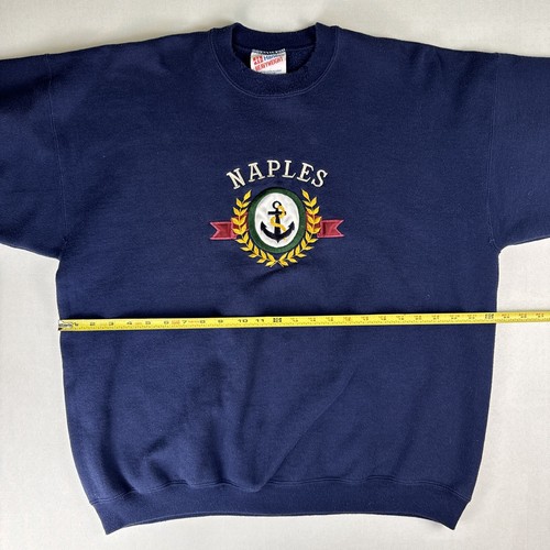 Vtg 90s Hanes Heavyweight Crewneck Sweatshirt Naples Embroidery Navy Blue USA XL - Picture 14 of 21