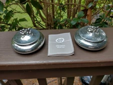 Lot of 2 Vintage Universal Pewter Lidded Trinket Boxes w/Floral Motif Handle NOS