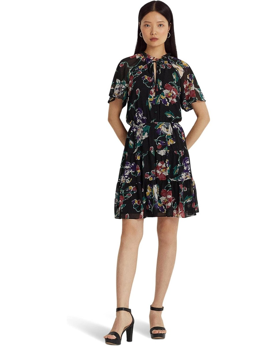 Lauren Ralph Lauren Women's Petite Floral Crinkle Georgette Dress, Black, 10p Lauren Ralph Lauren Women's Petite Floral Crinkle Georgette Dress, Black, 10p