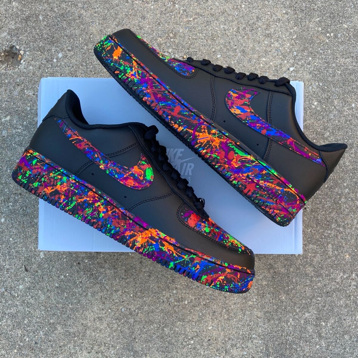 Nike Air Force 1 Custom Low Multi Color Splatter Swoosh Black Sneakers | eBay