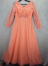 ILGWU Vintage Peach Colorored Size 16 Maxi Formal Dress Beaded Sheer Stunning