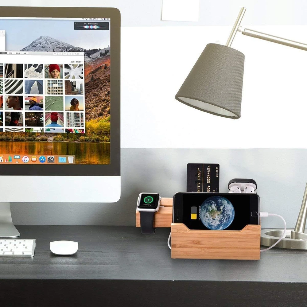 Bamboo Desktop 3 USB HUB Charging Dock Station Charger Holder Cradle Charge