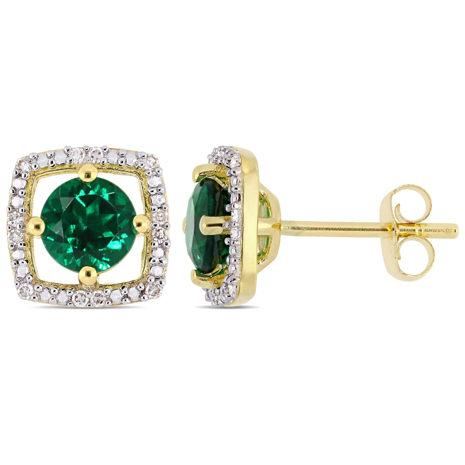 Amour 10k Yellow Gold Created Emerald and Diamond Accent Halo Stud Earrings