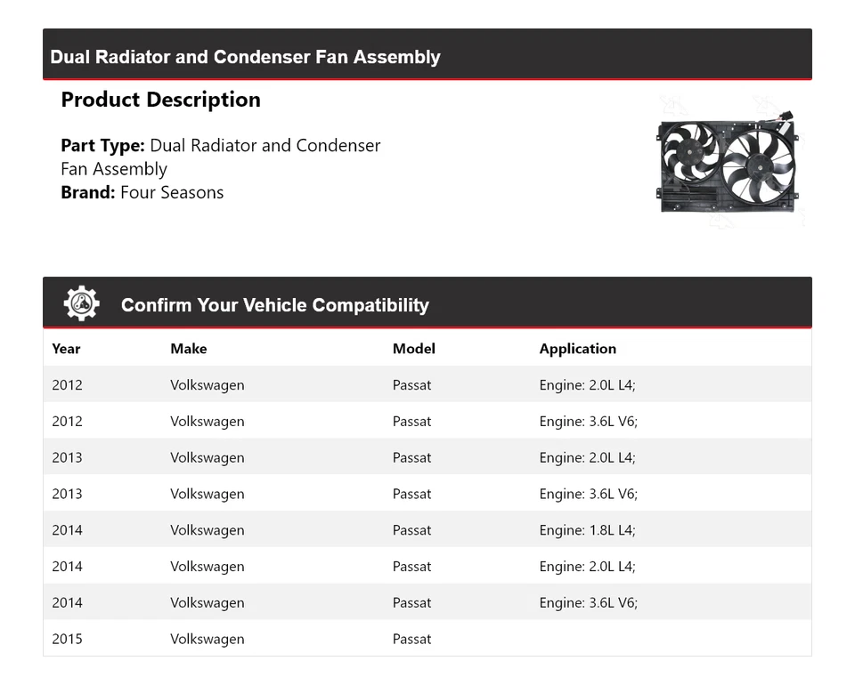 Conjunto de ventilador condensador radiador doble para Volkswagen Passat 2012-2015 4 mar Foto 2 de 4