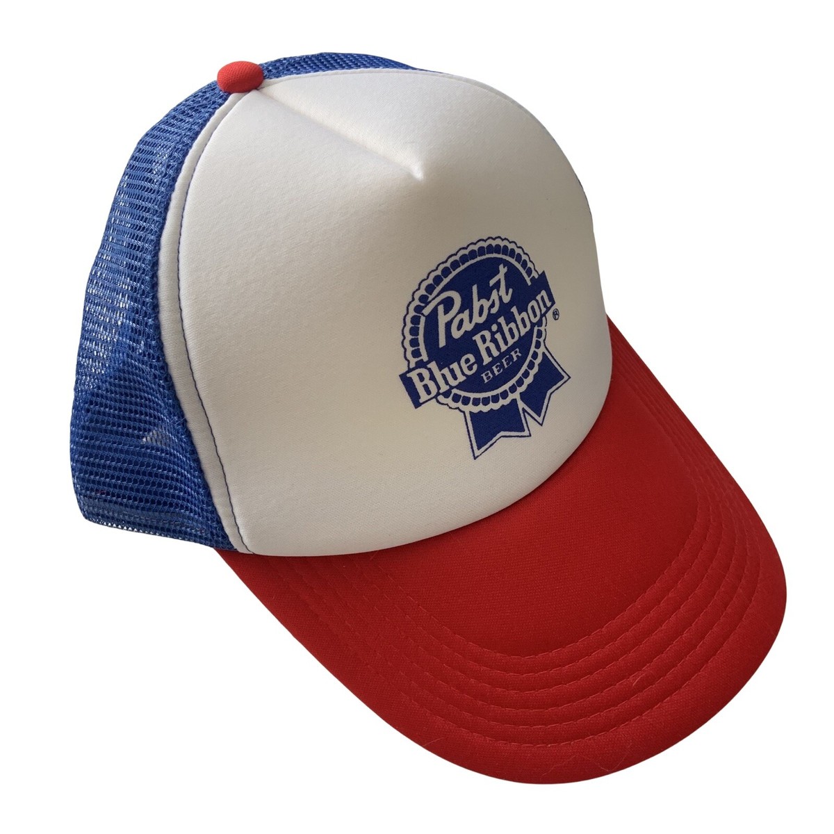 PBR Pabst Blue Ribbon Beer Trucker Hat Mesh Snapback Baseball Cap Red White  Blue