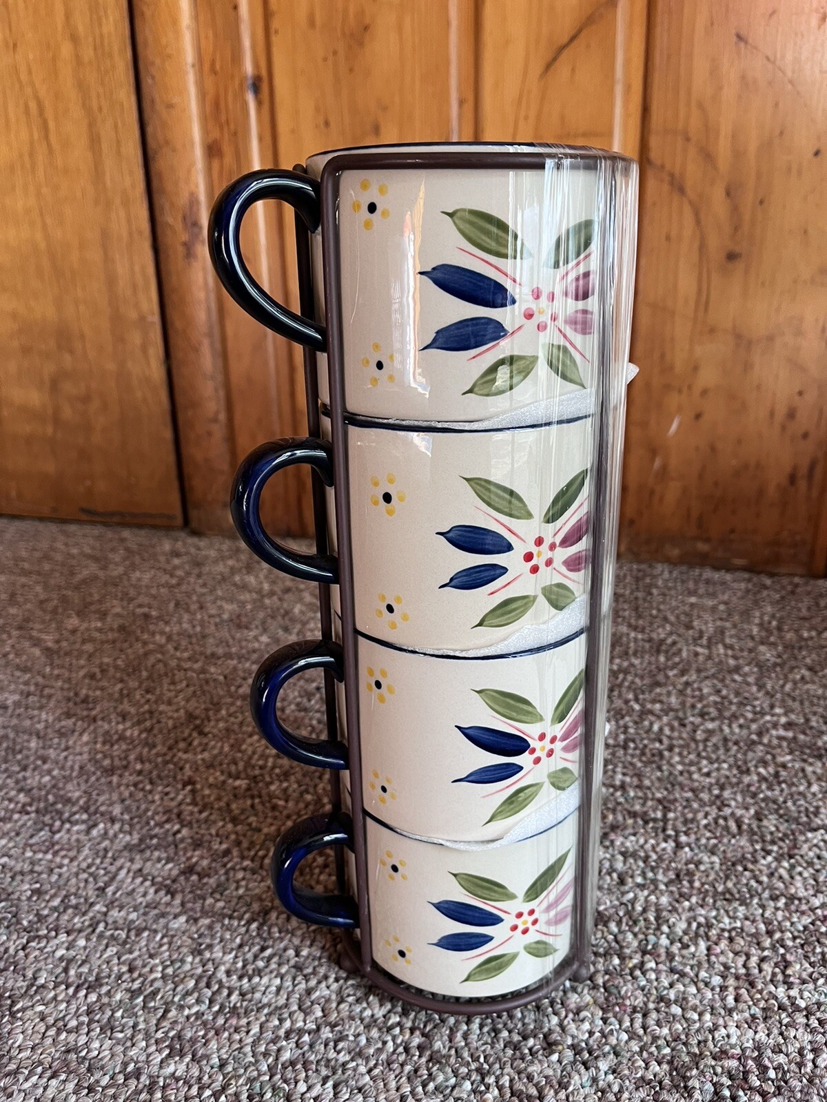 Temptations SET OF 4 CONFETTI 14oz Soup Coffee MUGS Stackable Wire Rack