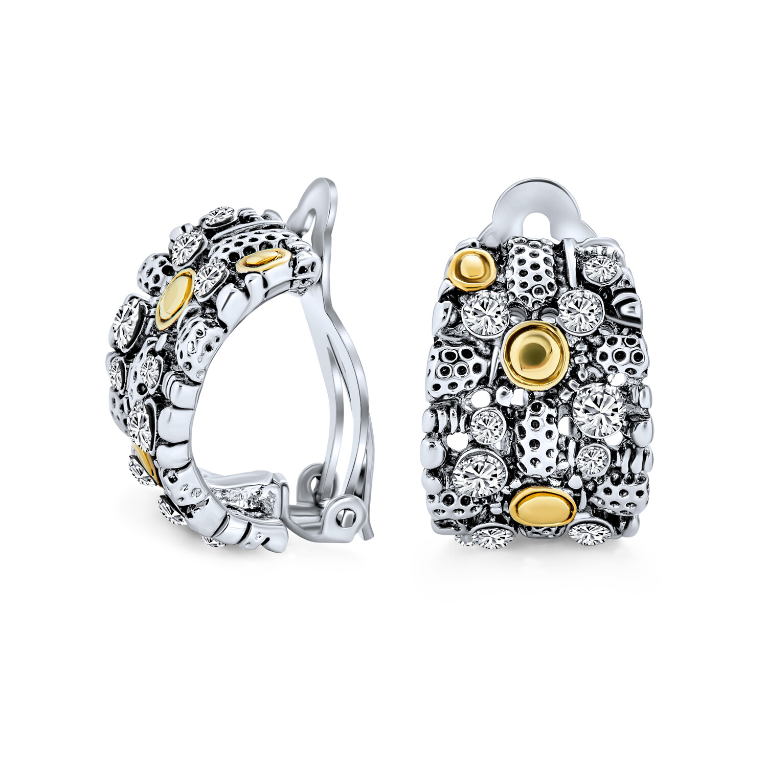 Sliver Gold Plated 2-Tone Steam Crystal Clip-On Hoop Earrings-image