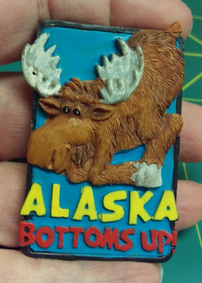 Alaska Magnet - Bottoms Up - comical moose magnet 2 3/8'' tall Textured magnet