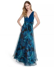 Eliza J Petite Gown 4P Teal Floral Pleated Formal Wedding Guest Mother Of Bride