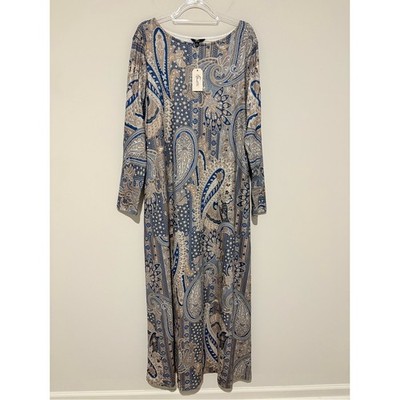 Shallwe paisley floral boho long sleeve maxi dress blue brown 2XL