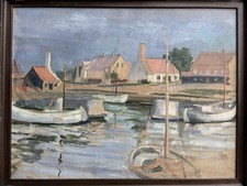 Ölgemälde Meer Ölbild auf Leinwand Urlaub Schiff Hafen Ostsee Niendorf 1938