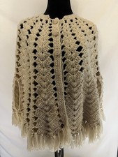 Vintage Hand Crocheted Cr me Beige Knit Button Up Cape Poncho Fringe One Size