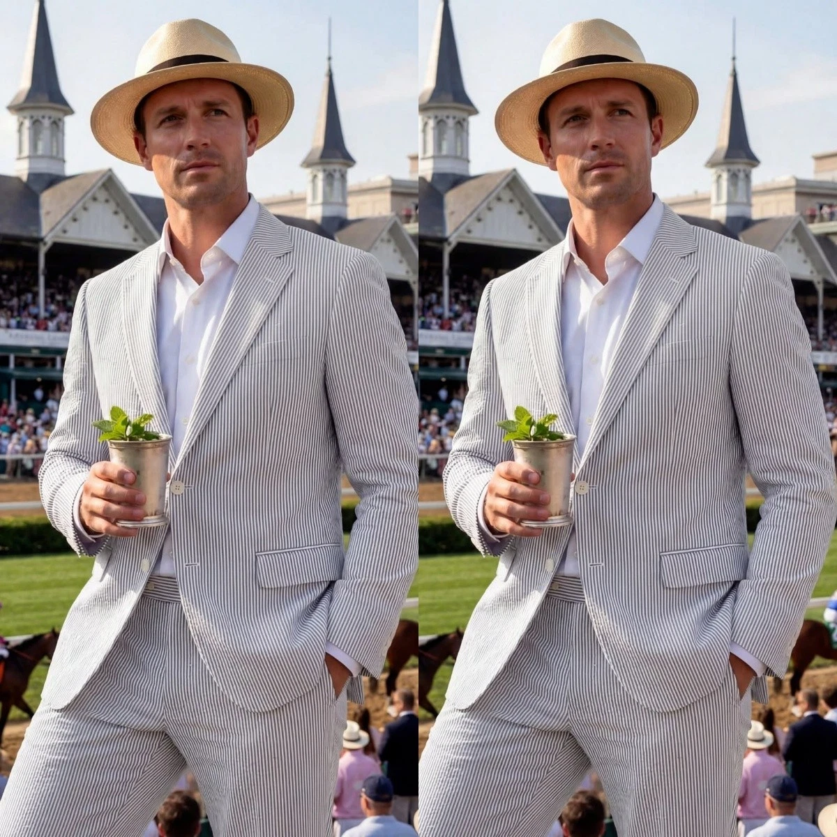 Seersucker Men's Suits Summer Leisure 2Pcs Casual Notch Lapel Blazer Coat