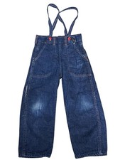 Vtg 50s Suspender Denim Blue Jeans Flannel Lined Side Metal Zip Kids Childs 4-5