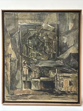 MID CENTURY PAINTING INDUSTRIAL CITYSCAPE STREET SCENE URBAN 1950'S SIGNED JP