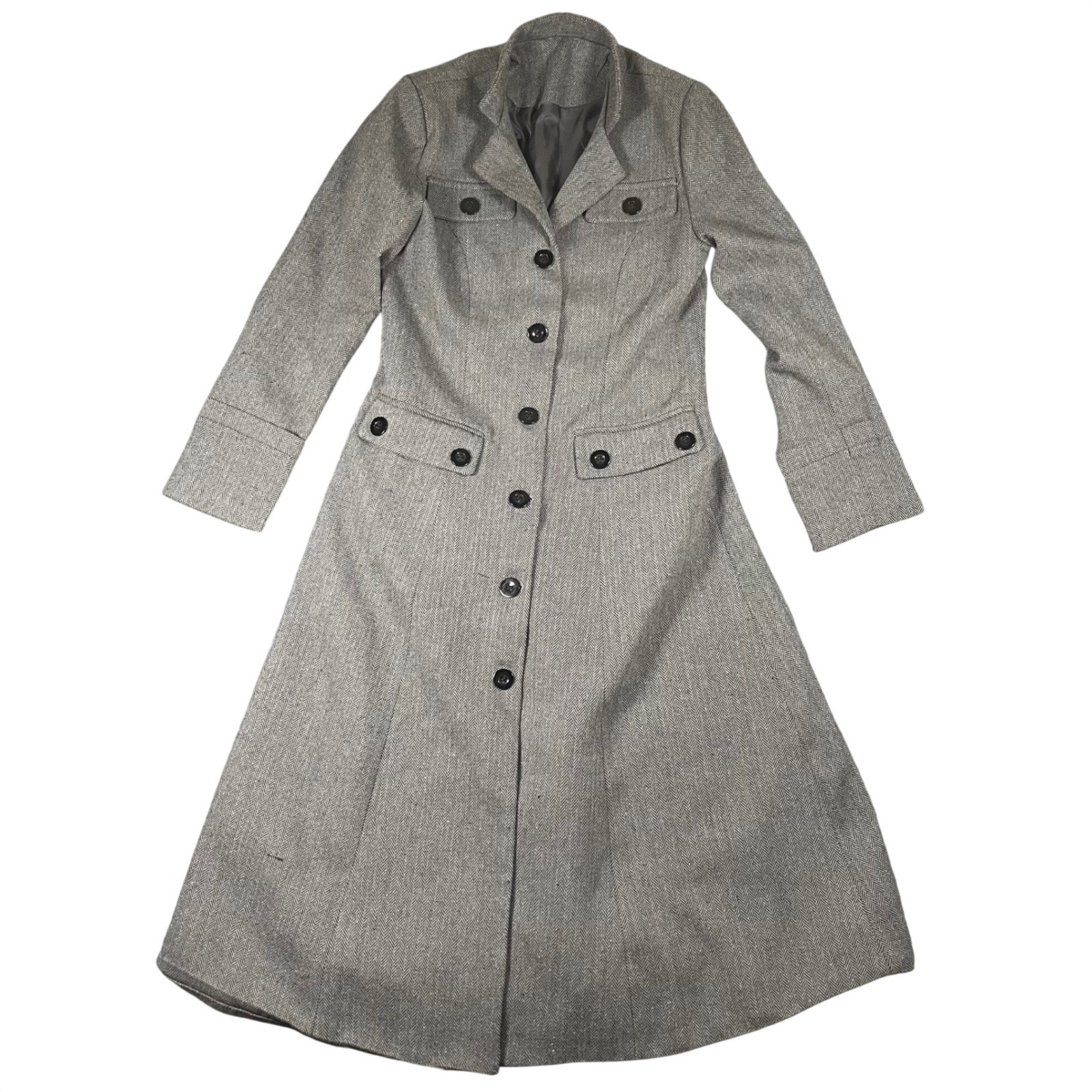 Womens Gray Herringbone Single Breasted Long Wool Coat Size Small Winter Casual