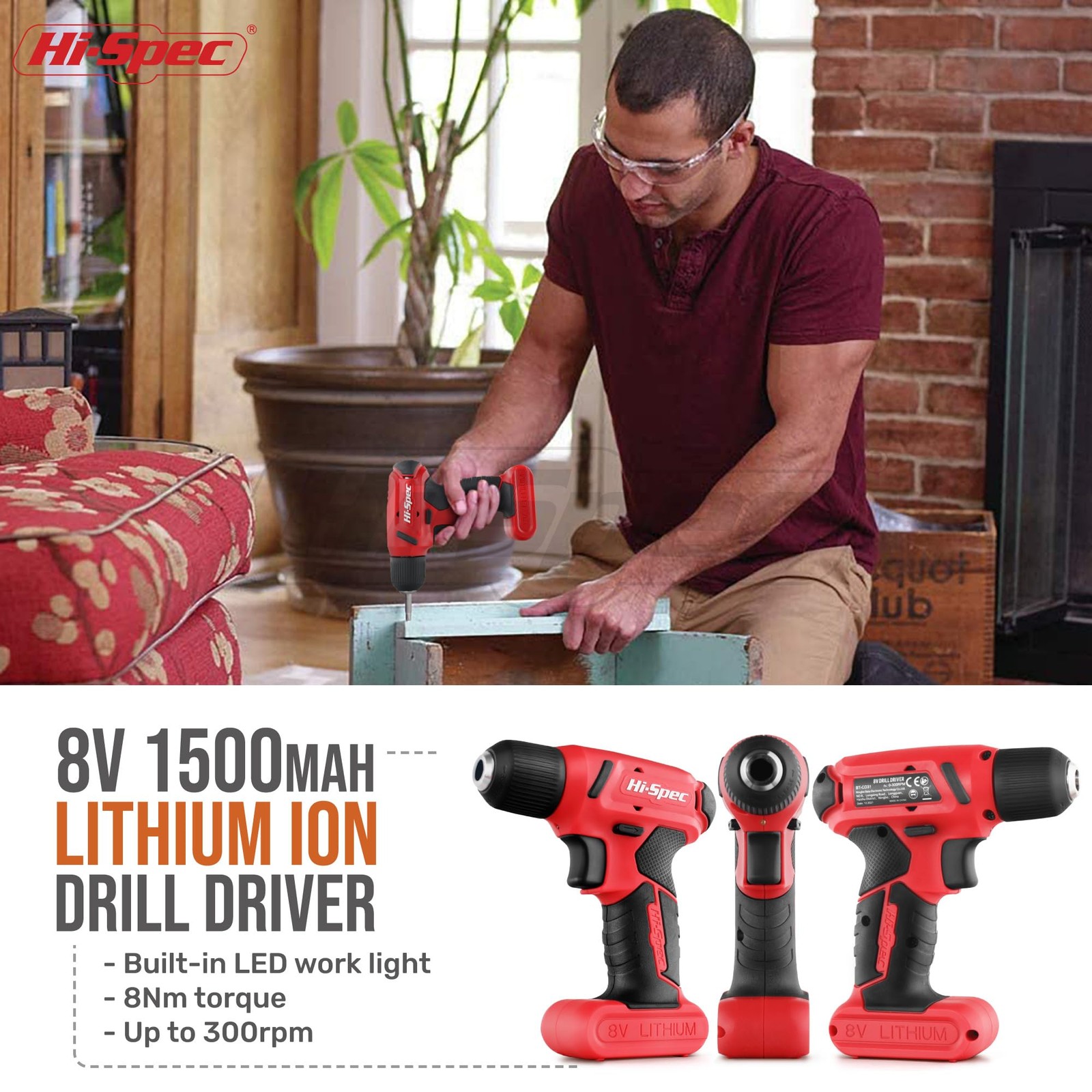 Hi-Spec 58pc Red 8V USB Cordless Drill Driver & Home DIY Tool Kit
