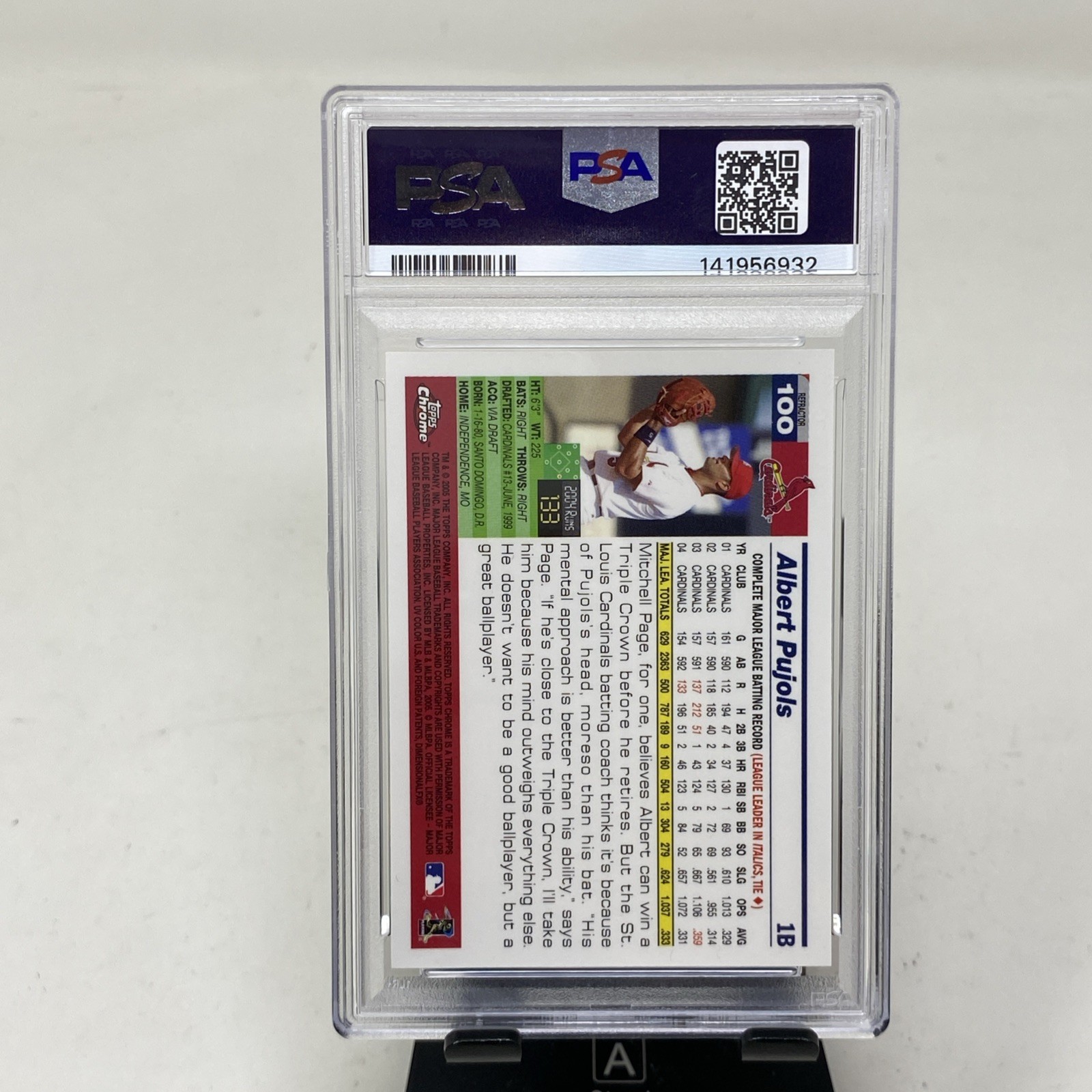 2005 Topps Chrome Albert Pujols #100 St. Louis Cardinals Refractor PSA 8 AE99 view 2
