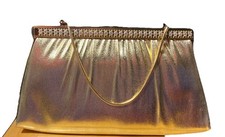 VTG H. L. HARRY LEVINE Gold Lame Clutch/Purse, Snap Closure, Rhinestones