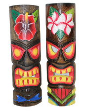 20" SET HAWAIIAN 2 TIKI MASK TROPICAL ISLAND WOOD POLYNESIAN WALL ART BAR PATIO