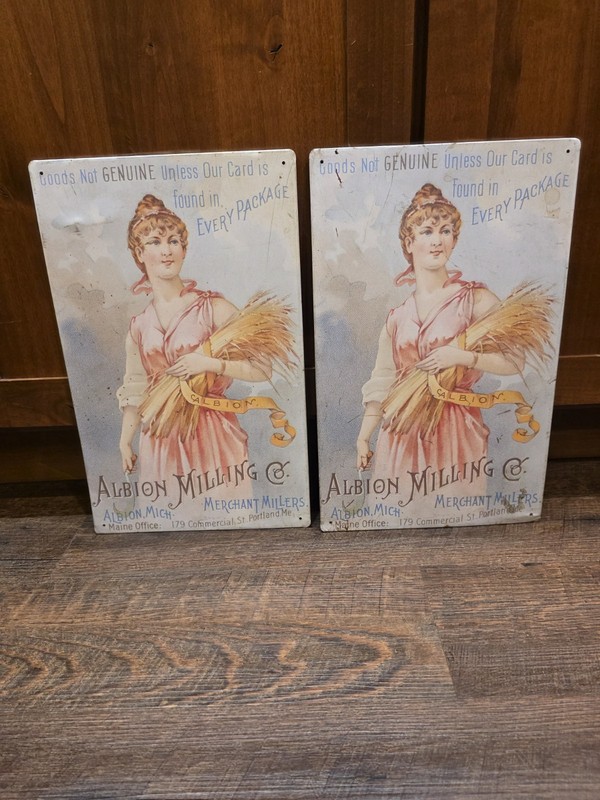 Albion Milling Tin Advertising Sign Pair – Reproduction Farmhouse Rustic Decor