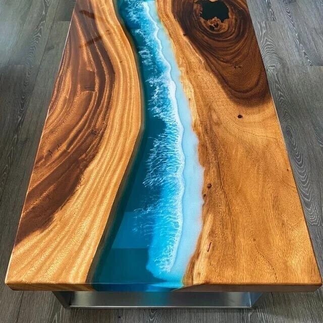80x40 Blue Wave Epoxy Resin Dining Table Handmade Furniture Wooden Live Edge Dec