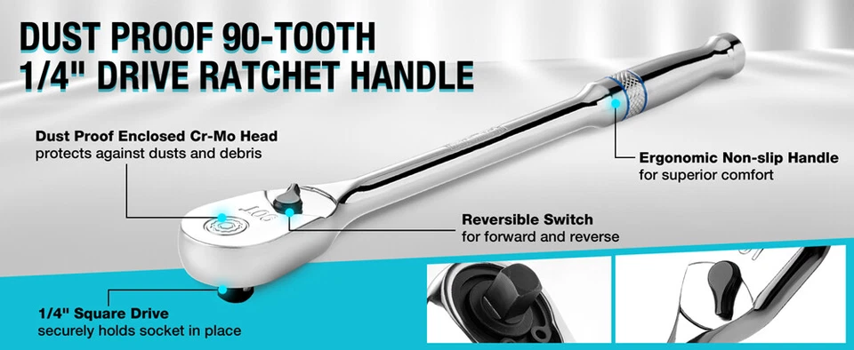 DURATECH 1/4" Drive Ratchet Handle Ratchet Wrench 90Tooth w/8" Extra Long Handle - Image 4 of 4