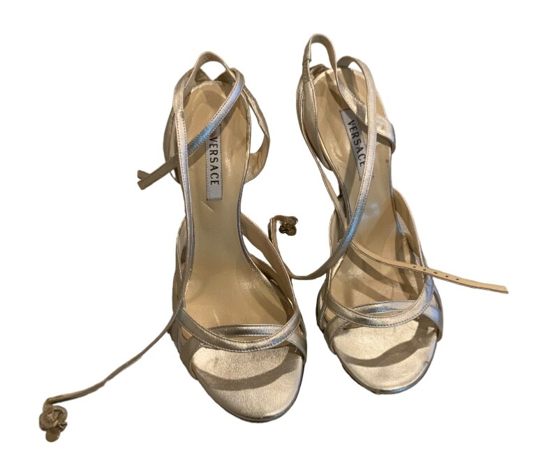 VERSACE Metallic Gold Leather Strappy Sandals 4” Heels Wrap  display picture 2