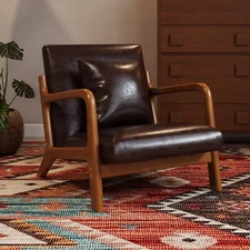 Mid Century Modern Accent Chair Wood Frame Fabric/Leather Armchair Lumbar Pillow
