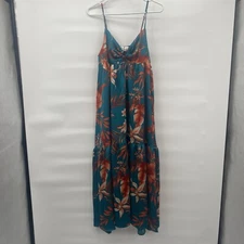 Sweet Lemon Floral Maxi Dress Teal Orange Flowy Beachy Vacation Spaghetti Straps