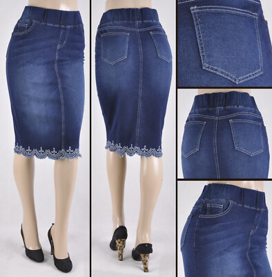 Women 26'' Midi Skirt high Stretch Denim PENCIL elastic W/B dark wash #WG-77039