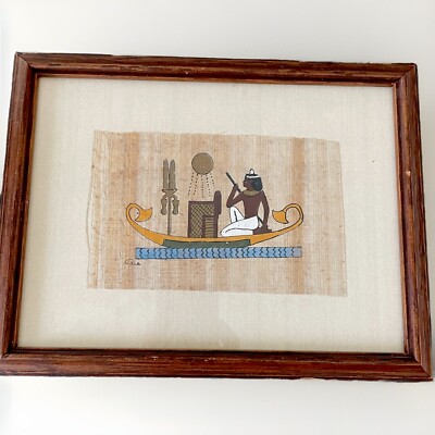 Hand Painted Framed Signed Egyptian Papyrus Boat Scene Excellent